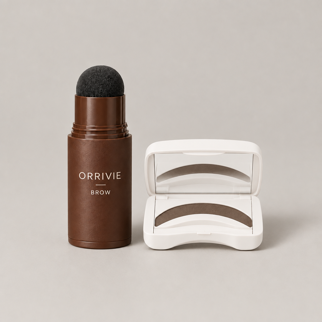 Orrivie Brow stamp stick beside its open powder compact