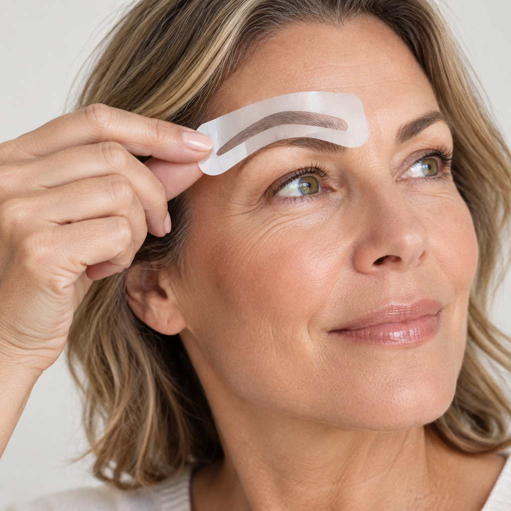 Woman holding a brow stencil card against her brow