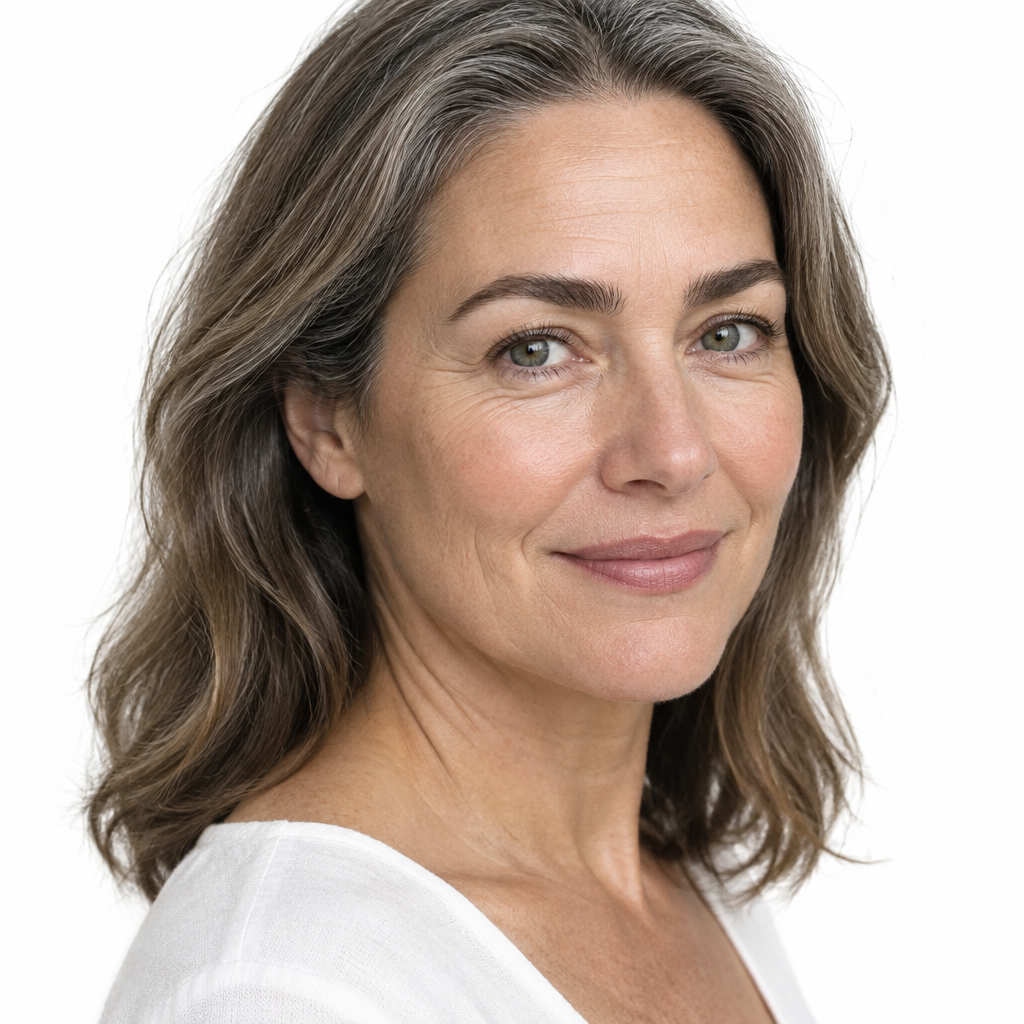 Woman with soft even brows, studio portrait