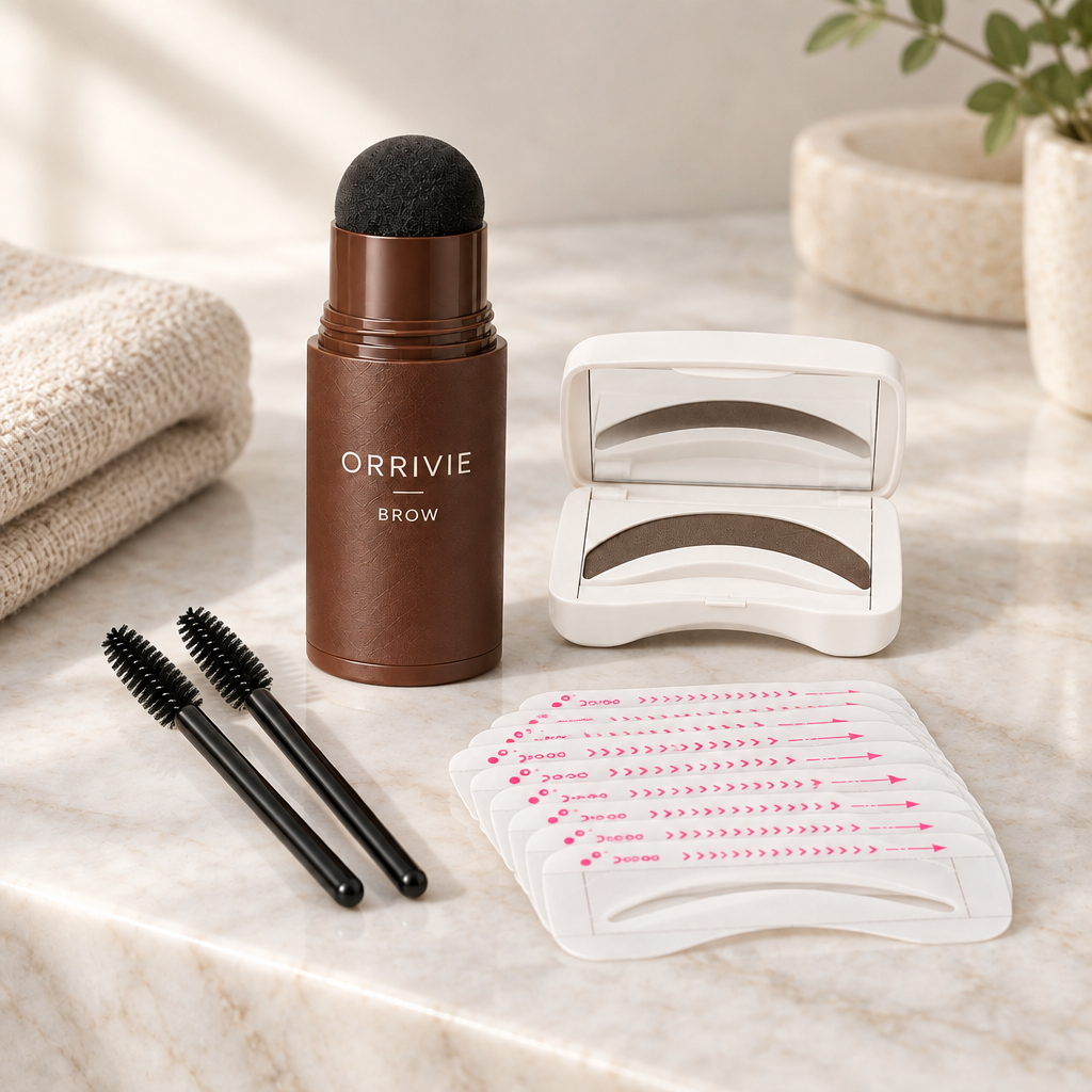 Orrivie Brow kit on a marble bathroom shelf