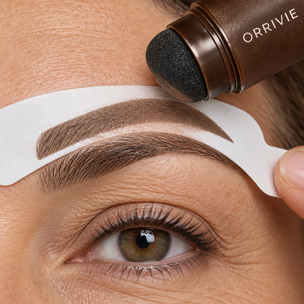 Orrivie Brow stamp pressing colour through a stencil, close up