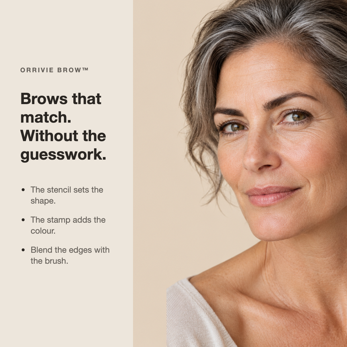 Brows that match. Without the guesswork. The stencil sets the shape, the stamp adds the colour, the brush blends the edges