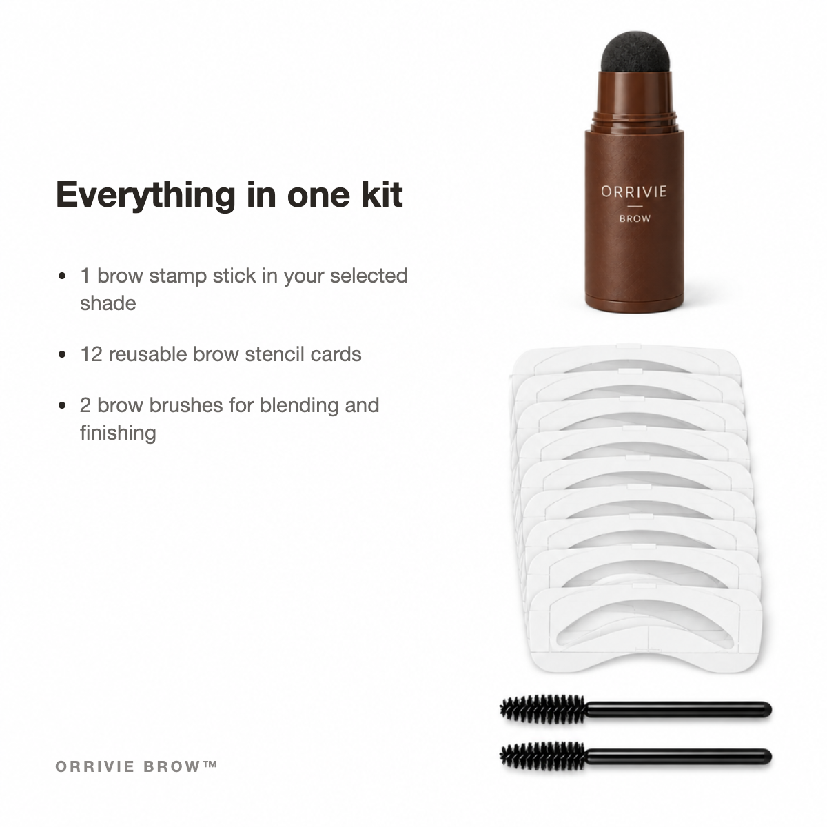 Everything in one kit: 1 brow stamp stick, 12 reusable stencil cards, 2 brow brushes