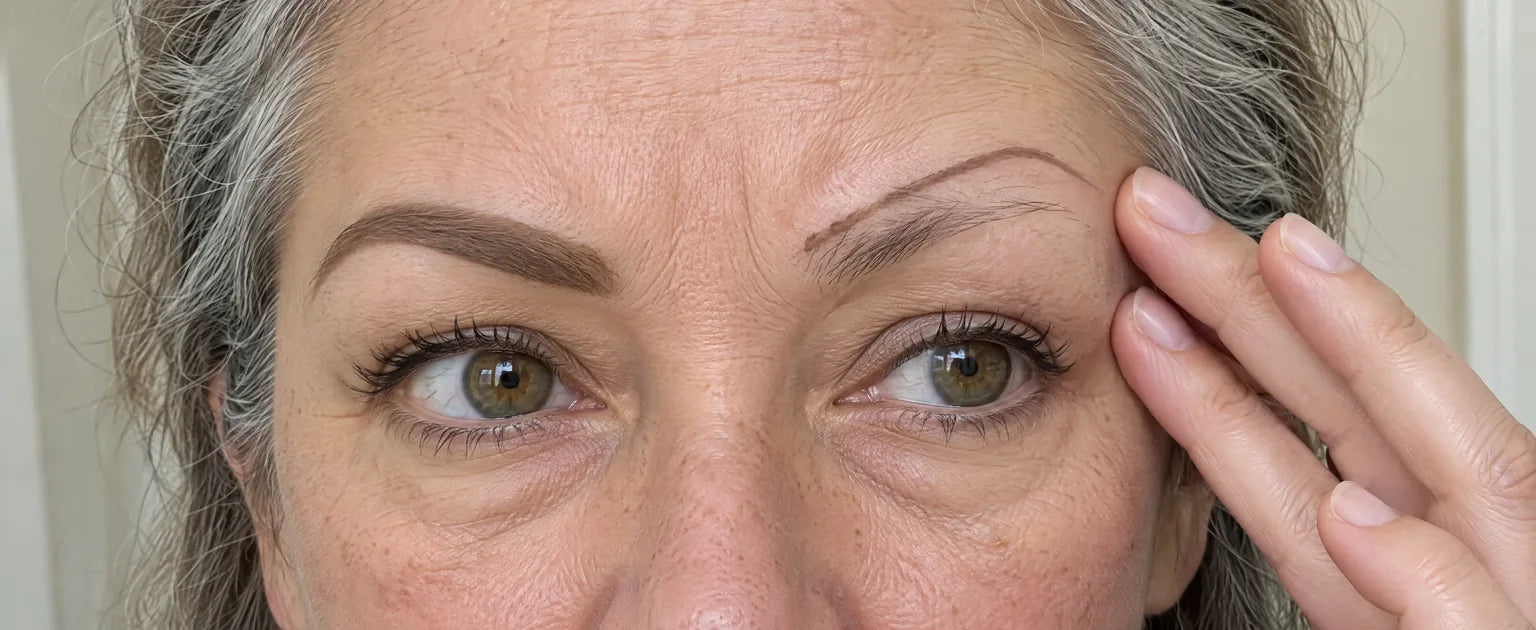 Brow makeup scene with one unfinished brow and a hand adjusting the outline