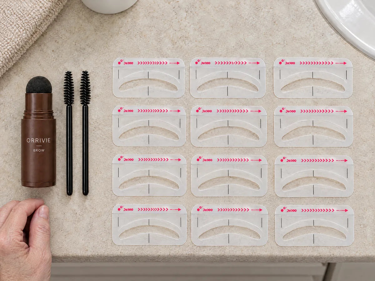 Kit layout: one brow stamp, twelve stencil cards and two brushes